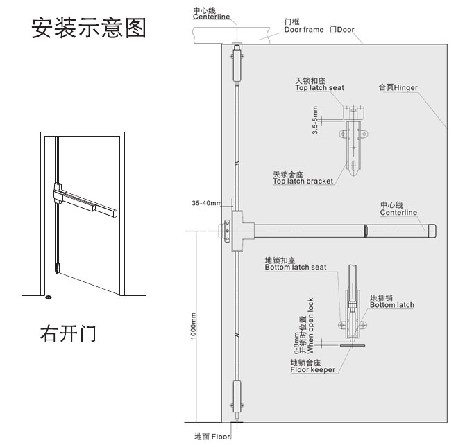 HD-61002推桿放火門(mén)鎖（天地閂） 安裝示意圖